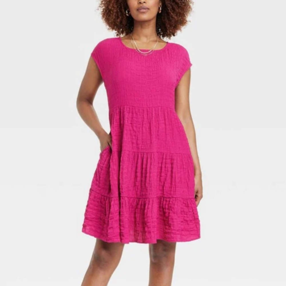 Flowy Knox Rose Fuchsia Three Tiered Ruffled Mini Dress NWT